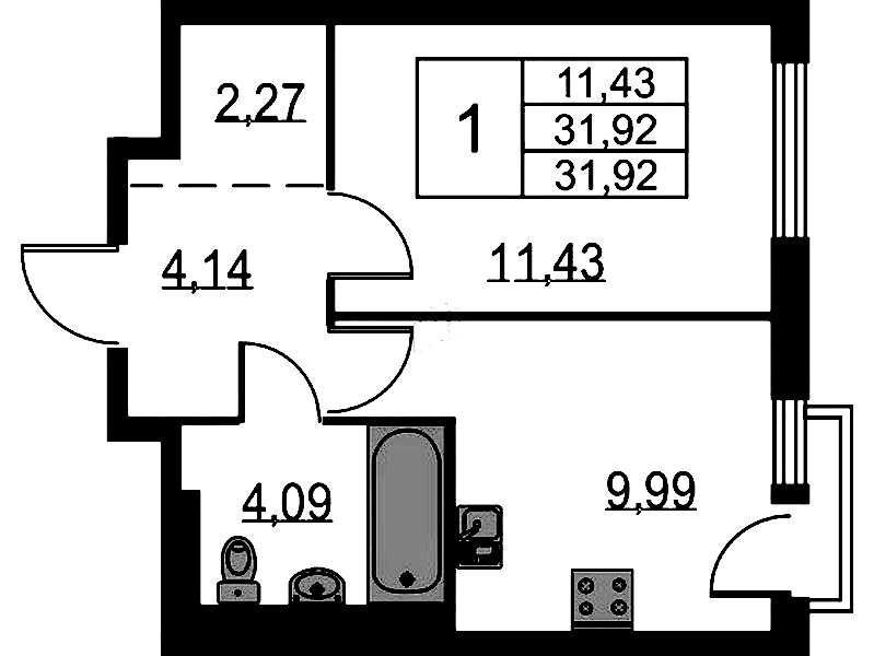 1-комнатная квартира 31.92 м², 11/12 эт., ЖК «Невская Долина»